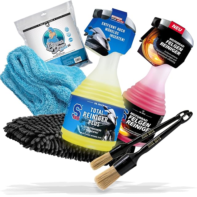 Kit per la pulizia della moto detailmate con panno, pennelli e guanto