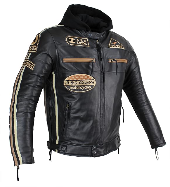 Giacca da moto in pelle con cappuccio ALPHA SPEEDS, vista di fronte
