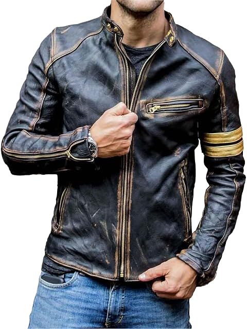 Giacca café racer Superior Leather Garments in nero anticato