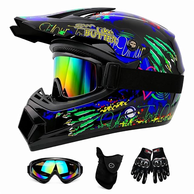 Casco cross con finitura graffiti, con la maschera, i guanti e gli occhiali in dotazione