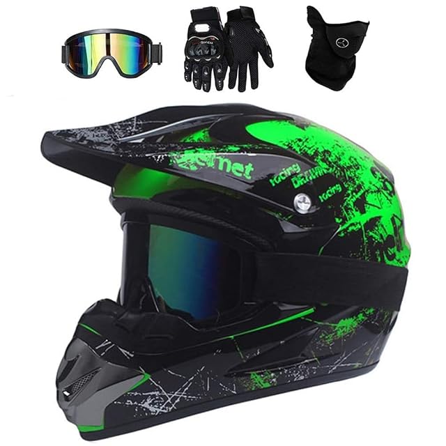 Casco cross UIGJIOG verde con la maschera e i guanti in dotazione